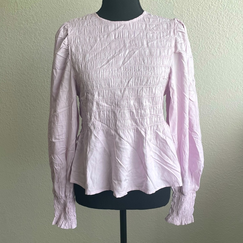 Stylish Puffed Sleeve Pull Over Blouse Light Pink/ Violet Ruffled Top